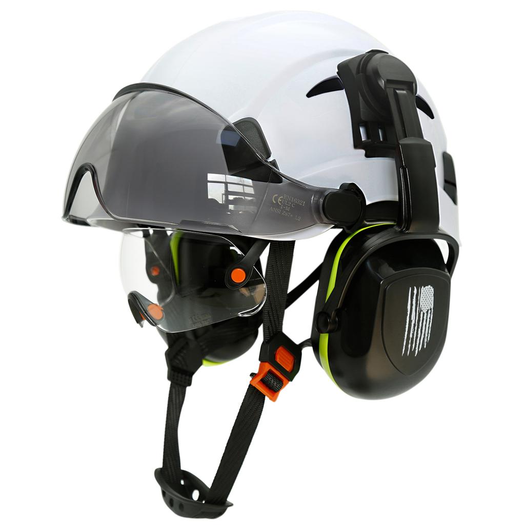 Casco di Sicurezza con Visiera Integrata Occhiali di Protezione Colore a Contrasto Paraorecchie Riduzione del Rumore per Ingegnere Elmetto da Lavoro Industriale ANSI