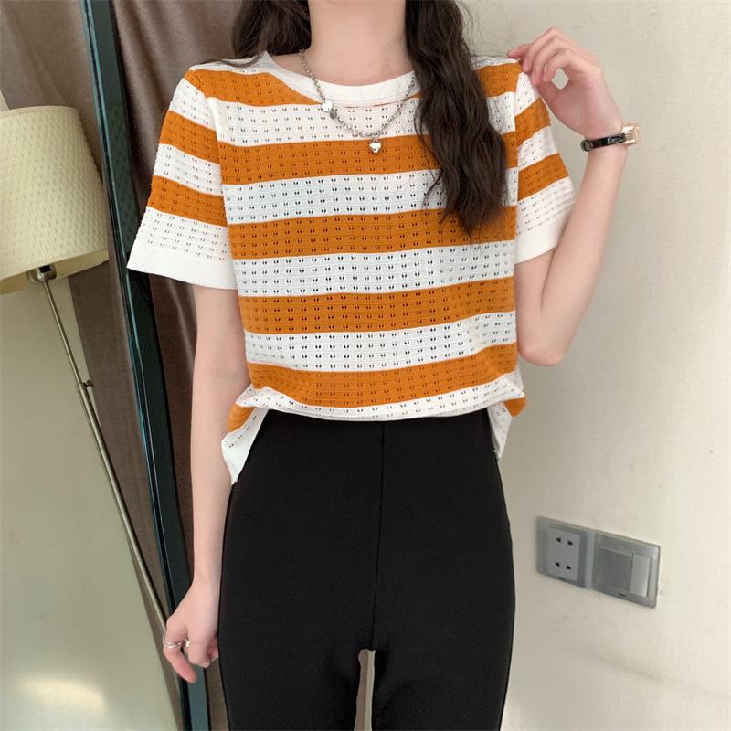 Black and White Striped Knitted Short-sleeved T-shirt Female Summer New Loose Korean Version Thin Round Neck Student Top