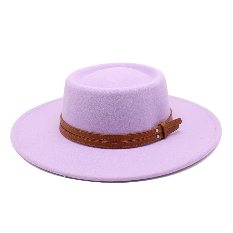 French Double Belt Buckle White Woolen Hat Flat Top Top Hat Female British Retro Style Wide Brim Felt Hat