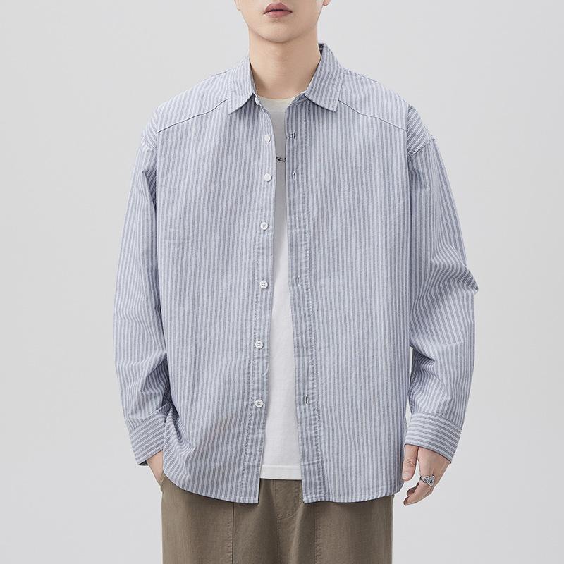 New Japanese Retro Spring Men's Striped Cotton Long-sleeved Shirt American Work Shirt