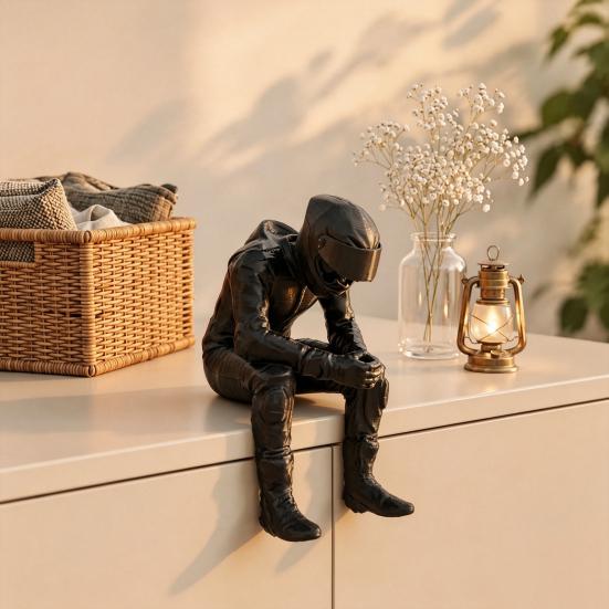 Home Office Decoration 3D Printed Motorcycle Rider Figurine, Thinking Statue Shelf Car Dashboard Accessory Sitter for Decoration, Enthusiasts