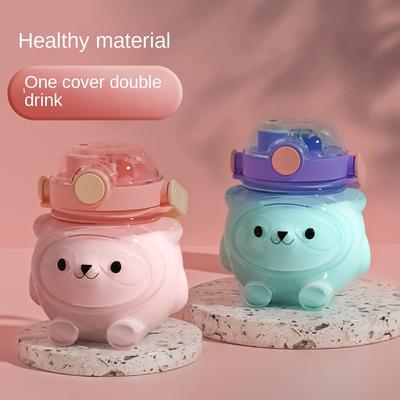 Gobelet isotherme de grande capacité (1000 ml) avec un adorable ourson, idéal pour l'été et les activités de plein air. Gourde portable en plastique avec double paille.