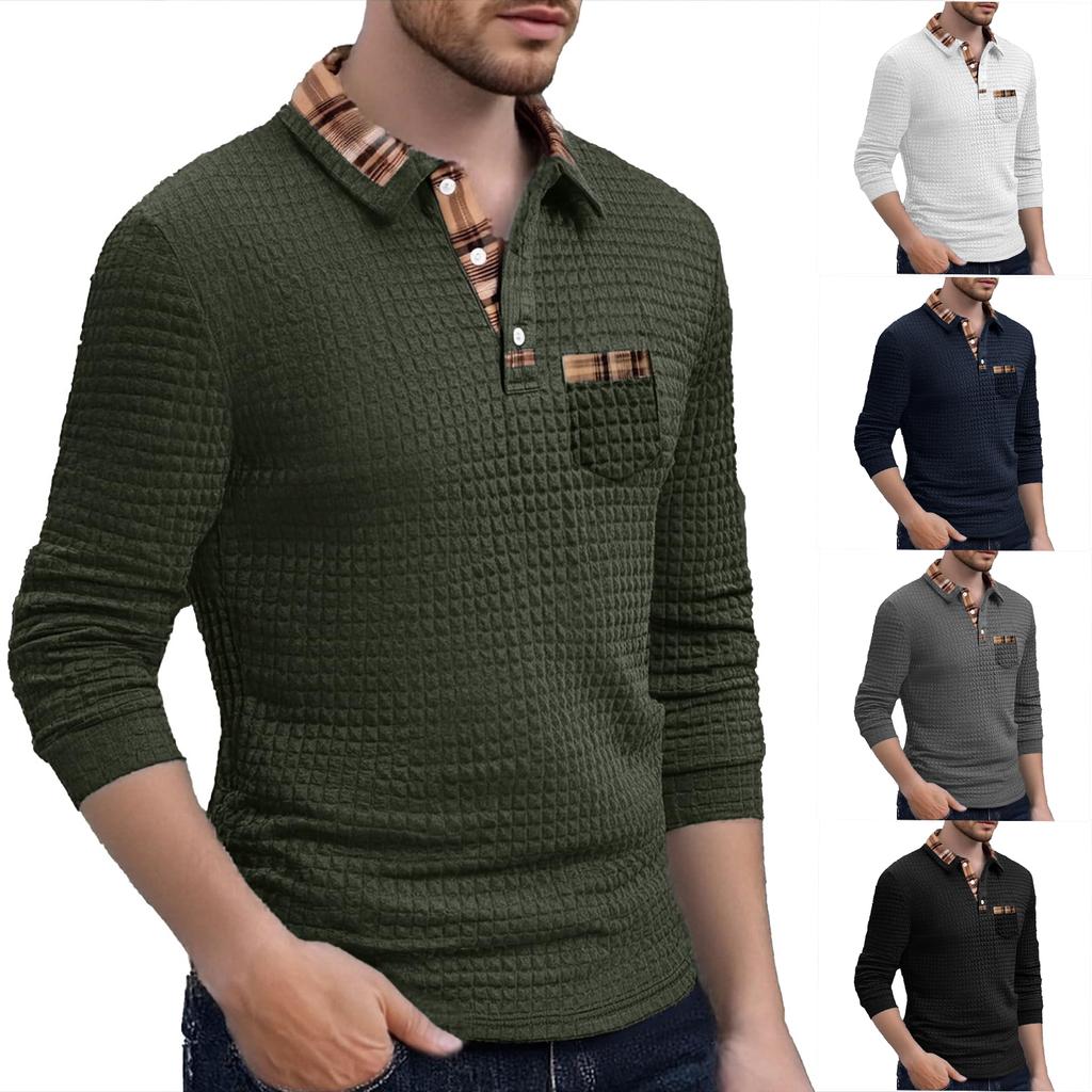 Men's Casual Solid Color Checkered Patchwork Pocket, Lapel, Long Sleeved Sport