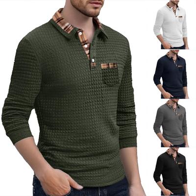 Herren Freizeit Einfarbig Kariert Patchwork Tasche, Revers, Langärmlig Sport