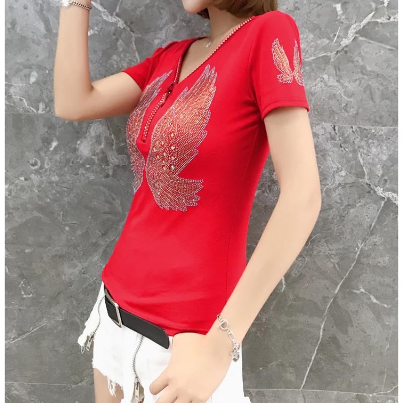 Streetwear Hip Hop Short Sleeve Wing T Shirt Women V Neck Zipper Sexy Diamonds Casual Tees Femme Diamonds Cotton Girl T-shirt Tops