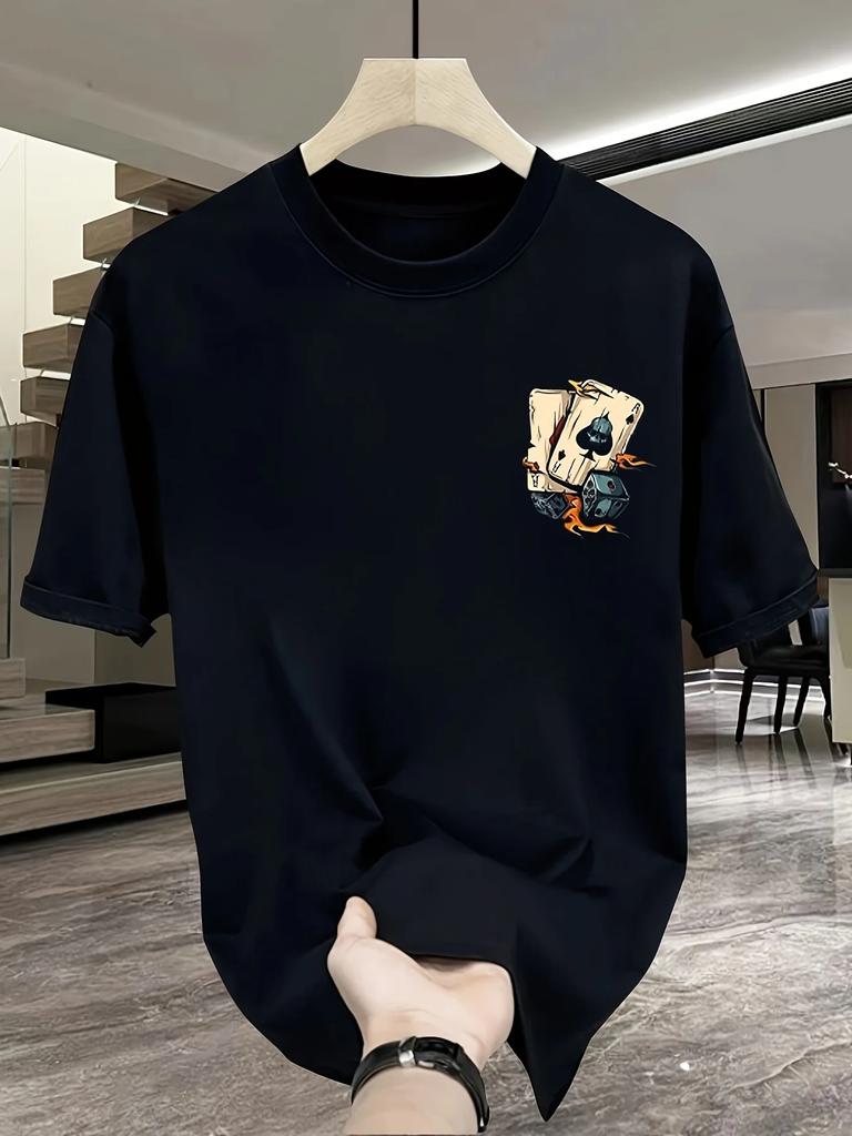 Men's Summer 100% Pure Cotton Fashionable Casual Loose Creative Poker and Dice Printed Sports Round Neck Short Sleeved T-shirt
