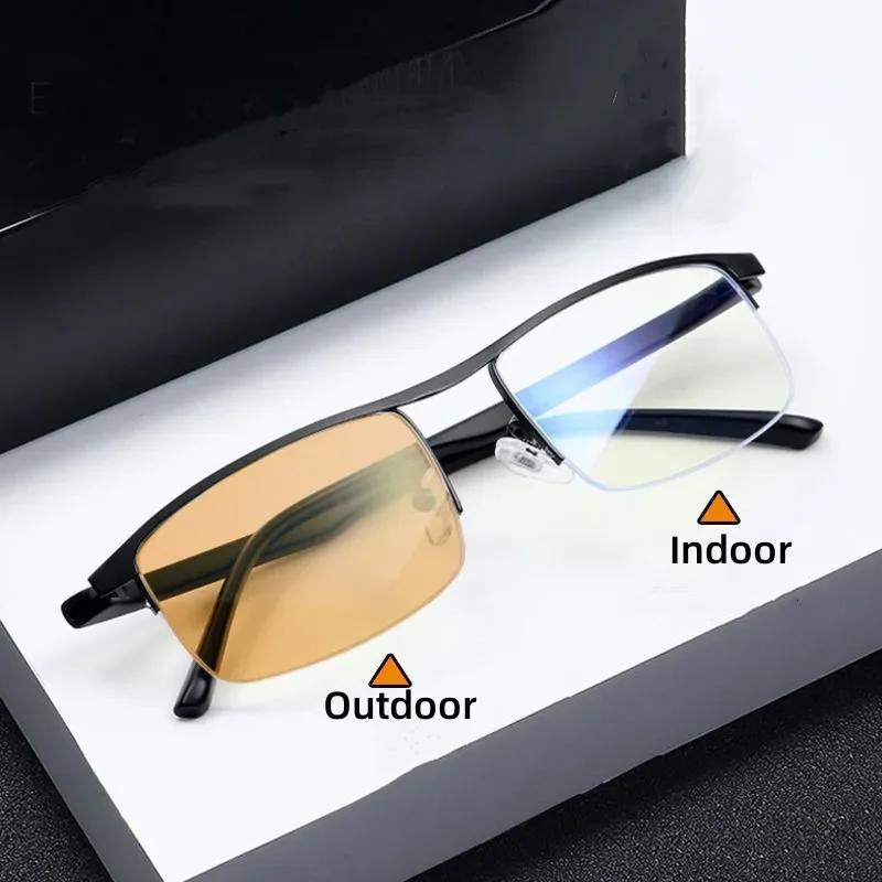 Color Changing Myopia Glasses for Men Anti Blue Light Ultra Light Business Half Frame Photochromic Eyewear Trendy