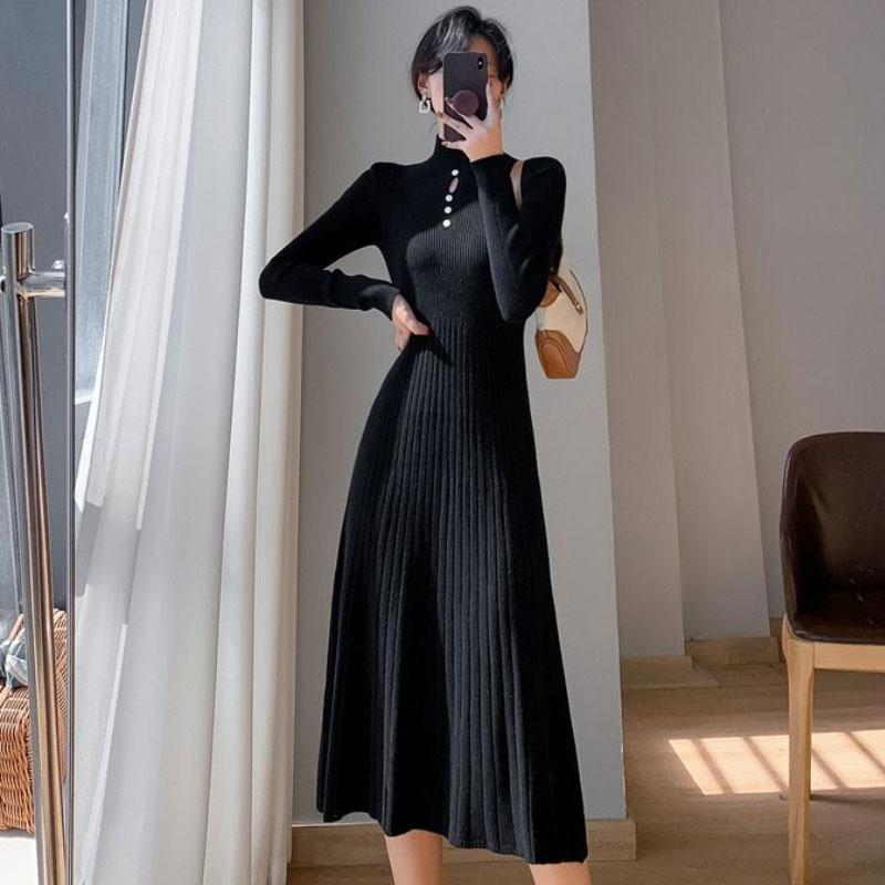 

Женское вязаное платье Элегантное с длинными рукавами Свитер Облегающее Повседневное Женская корейская модная одежда Осень Зима L чёрный