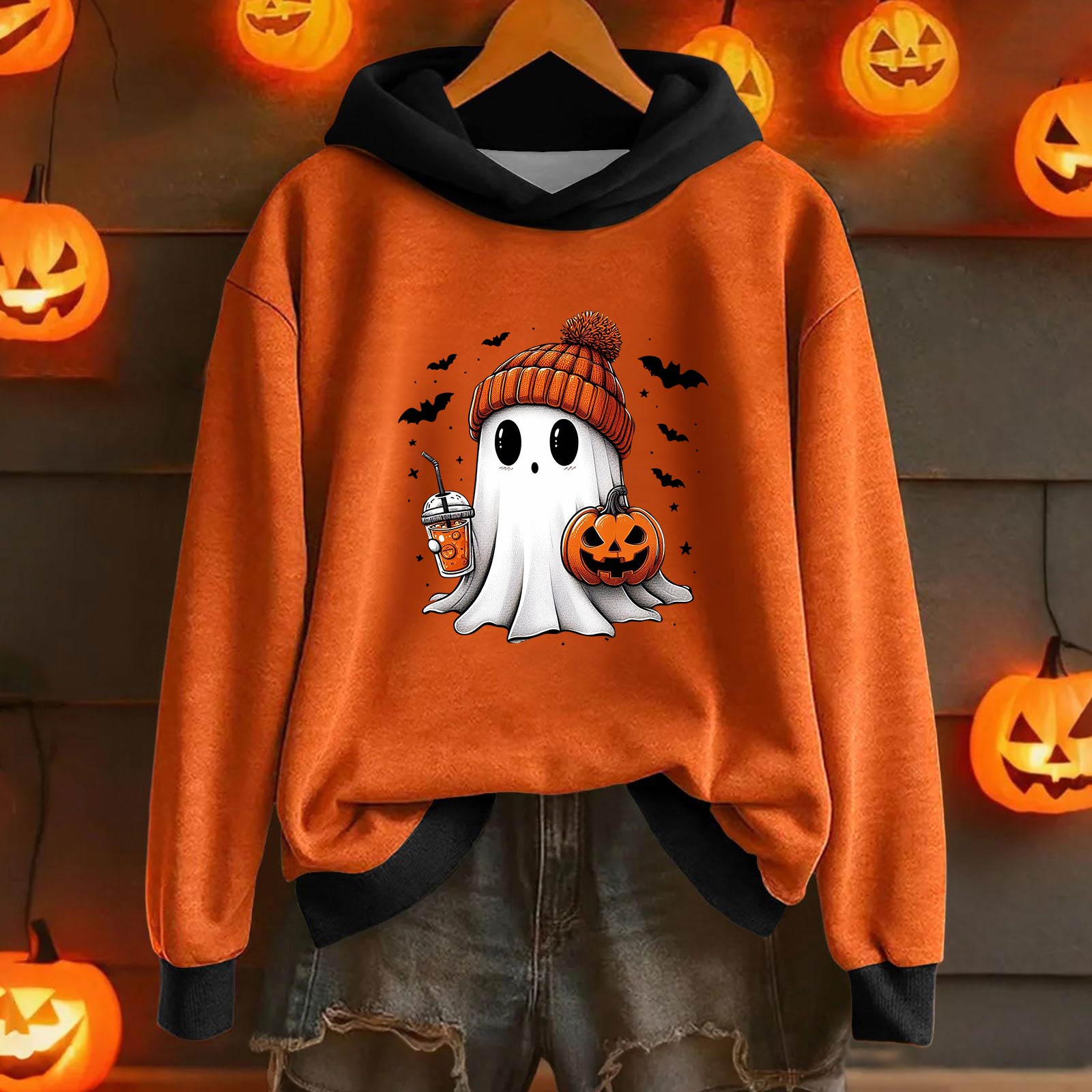 

Ladies Casual And Fashionable Halloween Printed Long Sleeved Hooded Warm Shirt Loose And Comfortable Hoodie L