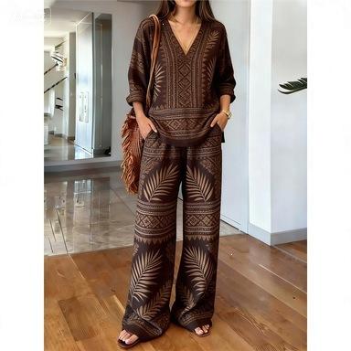 1116 New V-neck Wide-leg Pants Set, European and American Fashion Style Women's Simple Casual Two-piece Set Women's