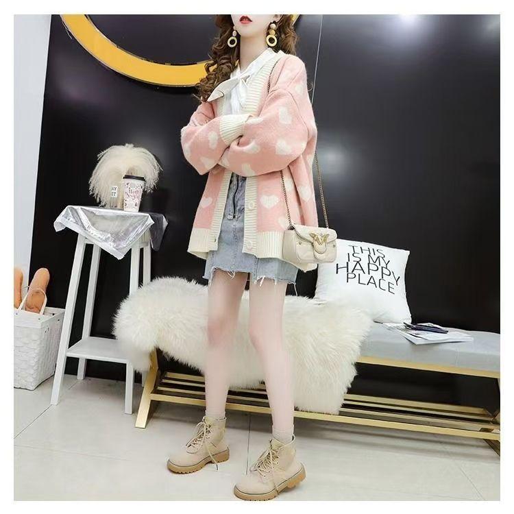 Oversized Heart Design Knit Cardigan Korean Fashion Lazy Style Spring Autumn Winter Cozy Sweater Womens Outerwear