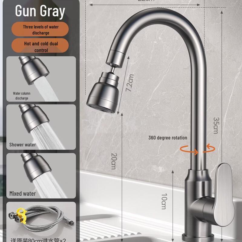 Gunmetal Grey Kitchen Faucet with 3-Mode Universal Swivel