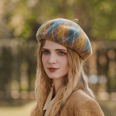 Contrast Color Wool Beret Fashion Casual Spring Autumn and Winter Warmth Thick Plaid All-match Painter Hat