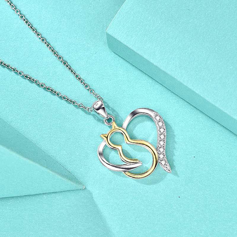925 Sterling Silver Pendant Accessories Cute Love Cat Animal Diamond Necklace Jewelry