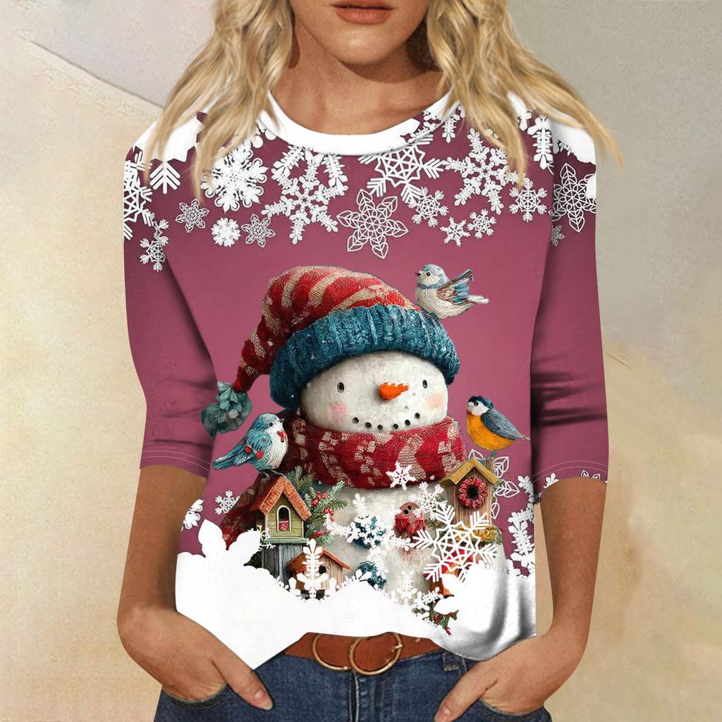 Damenmode Lässiges Rundhals-T-Shirt mit 3/4-Ärmeln und lockerem Aufdruck