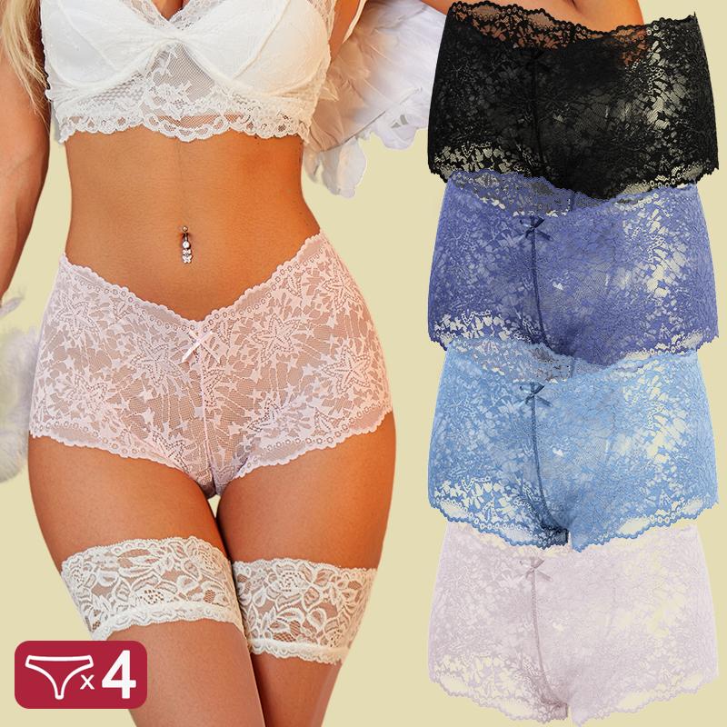 FINETOO 4Pcs/Set Women Panties Hollow Out Lace Mid Waist Elastic See-through Star Lace Four Cornered Pants Women Underpants