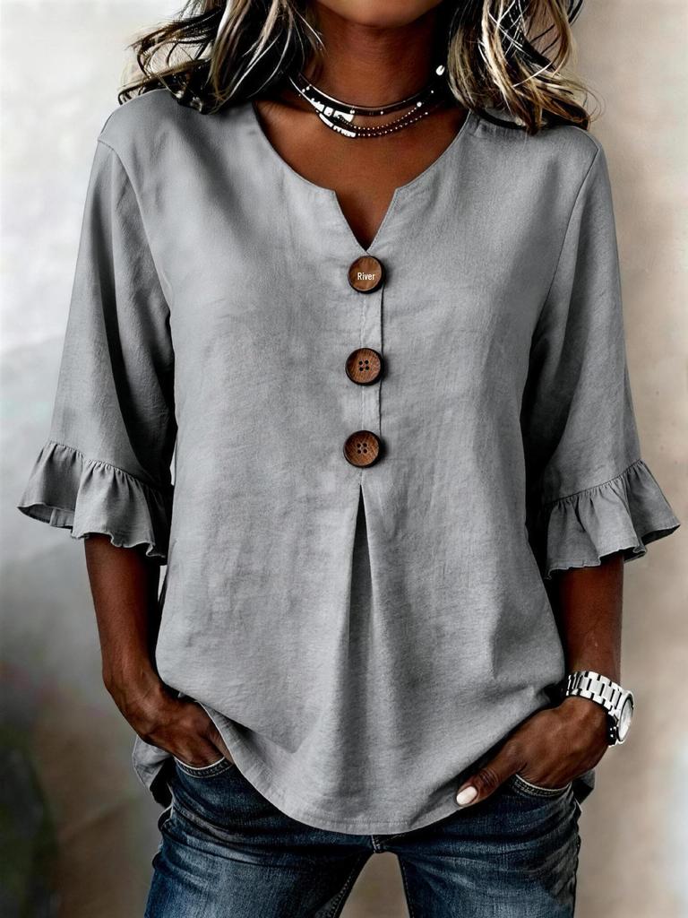 2026 New European & American Women's Summer V-Neck Cotton Linen Shirt - Fashionable Button-Down Top