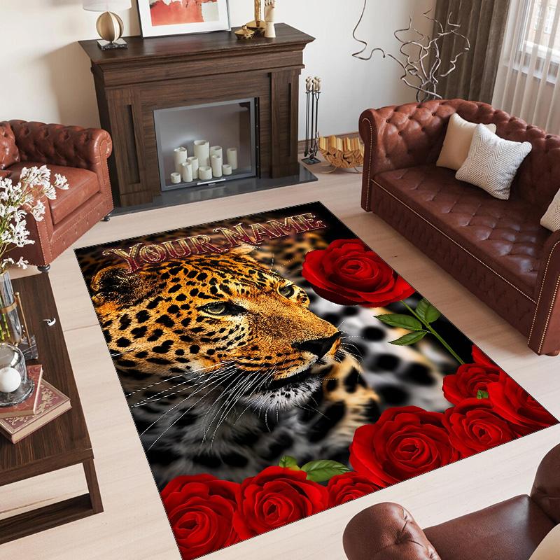 Leopard Theme Crystal Velvet Floor Rug Personalized Custom Name Text Warm Carpet Home Decoration