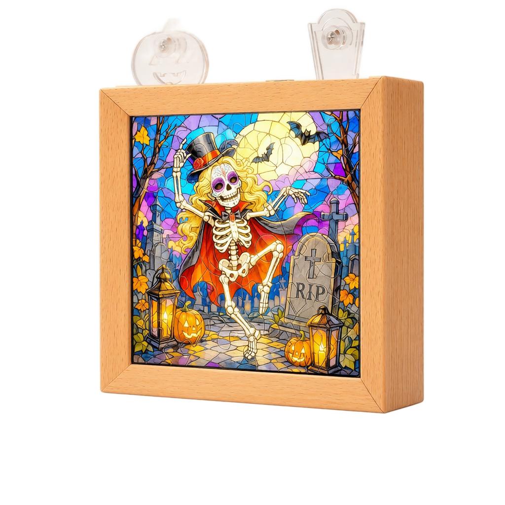 Halloween Night Light Stained Glass Tabletop Lamp with Wooden Acrylic, Decoration