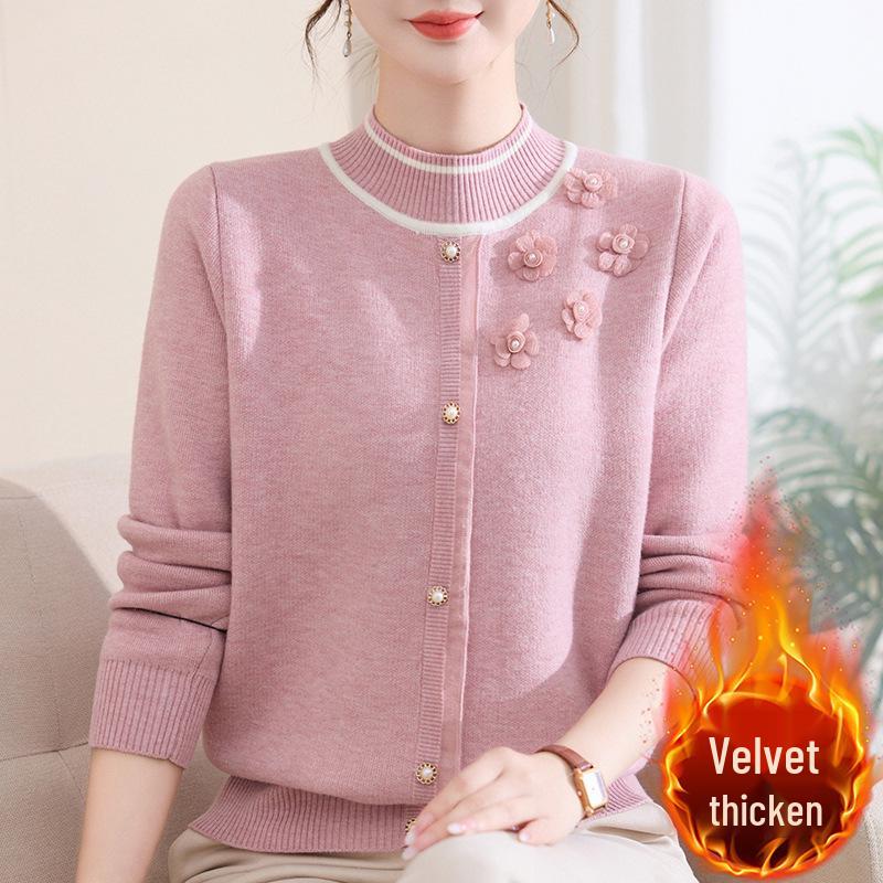 Stylish Plus Velvet Knit Sweater for Middle-Aged & Elderly Women - Warm Winter Base Layer