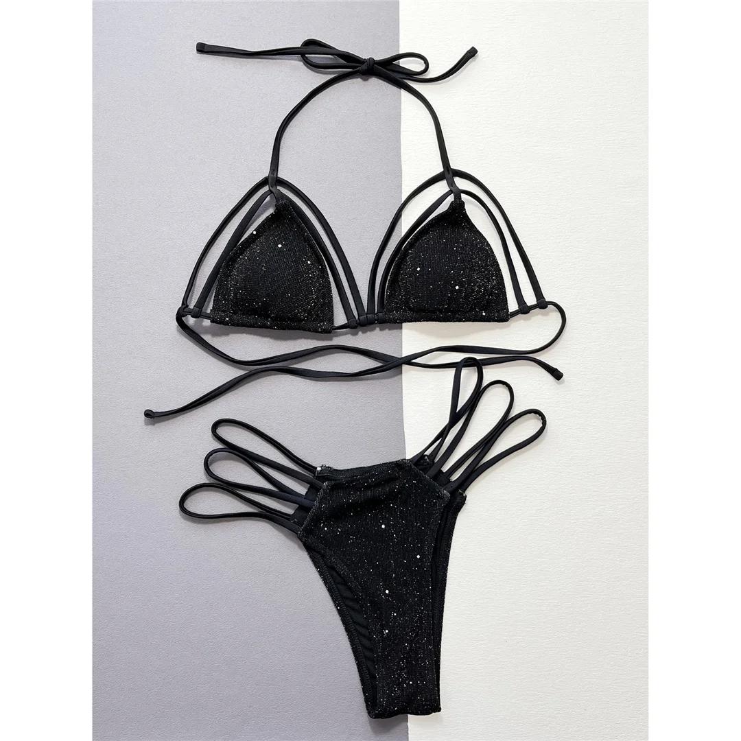 

Блестящий блестящий бретелька через шею с бретельками и высоким вырезом бикини женский купальник женский купальник из двух частей комплект бикини купальный костюм купальный костюм M чёрный