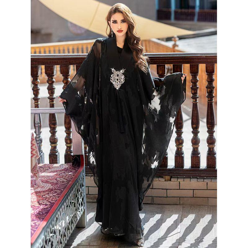 

Middle East Embroidery Black Jacquard Batwing Sleeve Loose Robe Dress Loose Embroidered Robe Black All yards