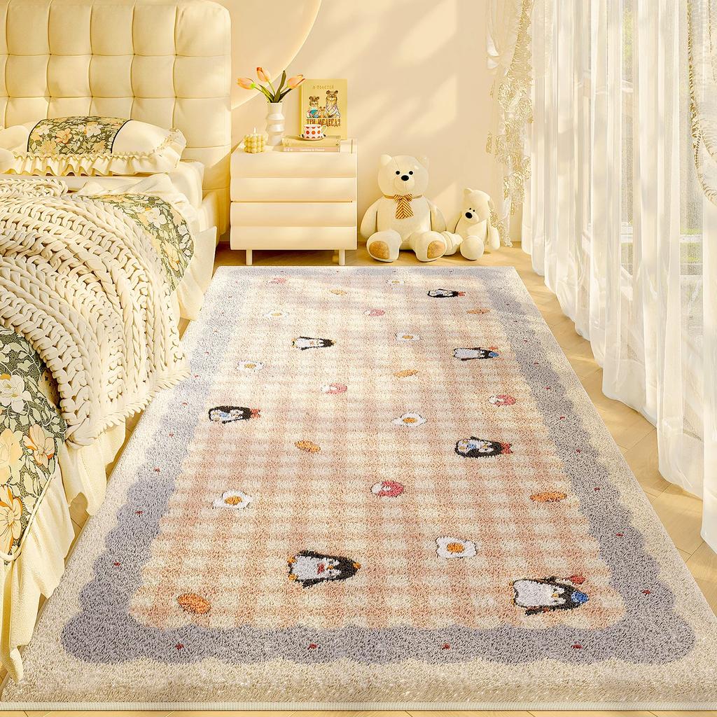 Plaid Cartoon Bedroom Bedside Carpet Light Luxury High End New Cute Carpets Girl Bedroom Children Room Thick Plush Soft Rug 