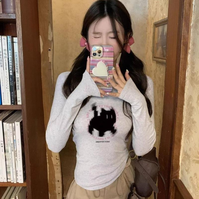 2KWEIRD New Fashion Kawaii Cat Print Grunge T-shirts Autumn Sweet Flower Grey Crop Top Women Y2k Aesthetic Al Match Harajuku Tees