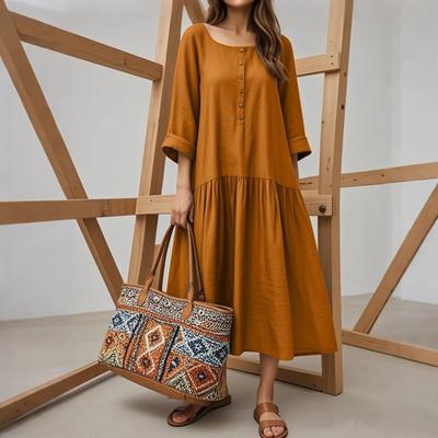 Women's Fashionable And Casual Solid-color Cotton And Linen Dress