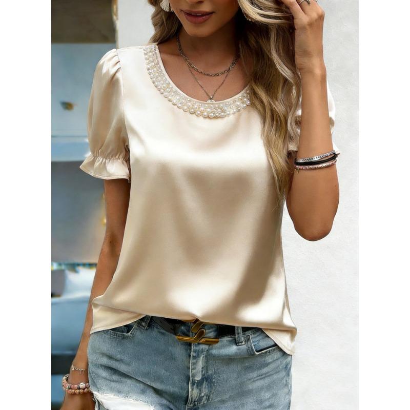 Women Elegant Satin Blouse With Pearl Neckline Puff Short Sleeve Casual Tops