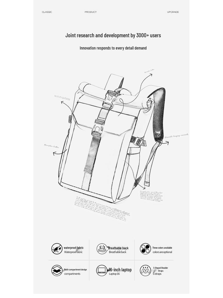 Herren Rucksack mit großem Fassungsvermögen, Rollverschluss, wasserabweisend, für Pendler, für Reisen & Outdoor-Nutzung