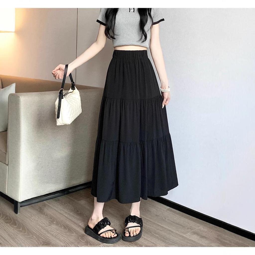 Women's Black High-Waist Pleated A-Line Midi Skirt - Versatile, Casual & Hip-Hiding
