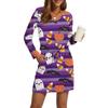 Women's Fashion V-Neck Long Sleeve Drawstring With Pocket Halloween Printed Casual Dresses
