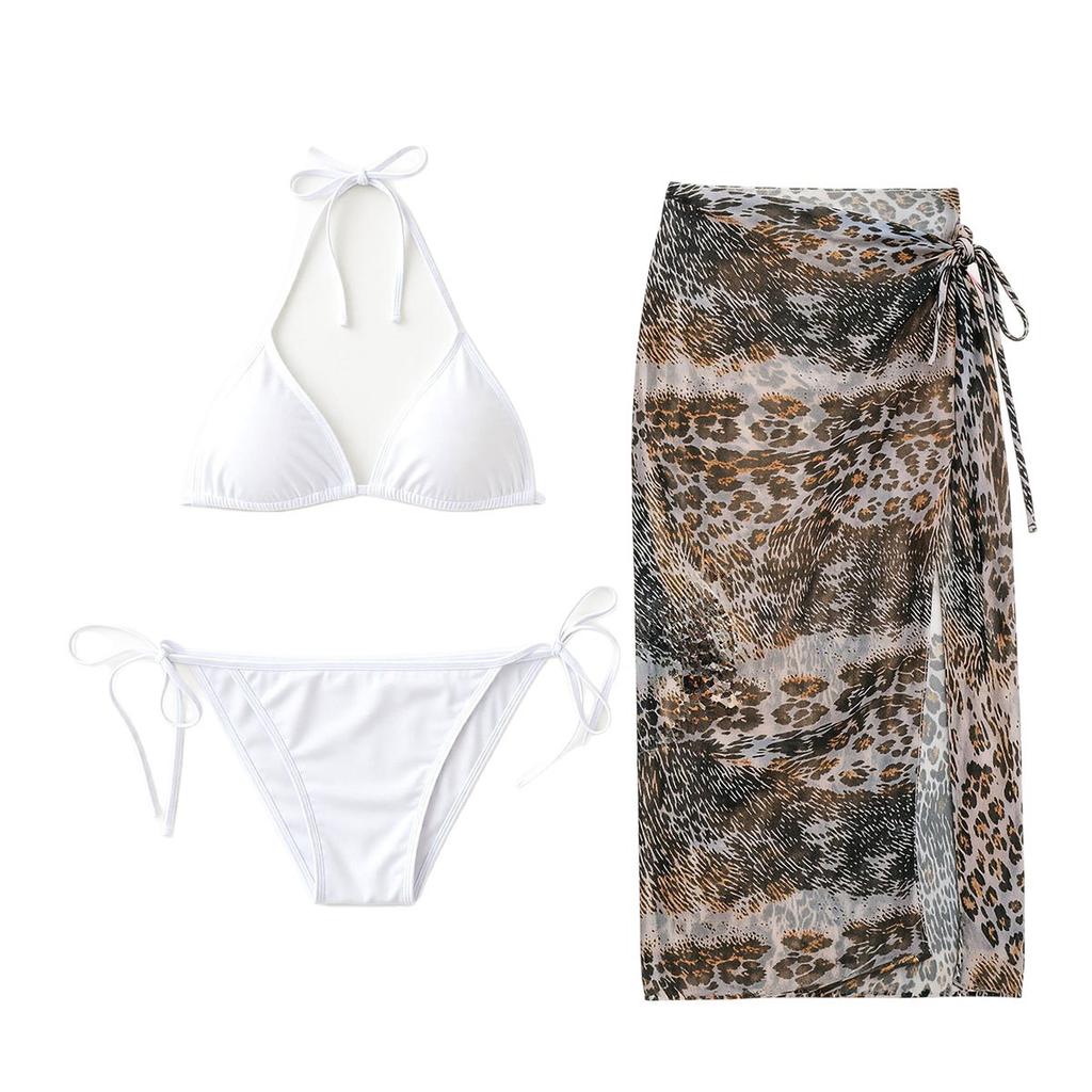 Three-piece Bikini Swimsuit Women's Small Breasts Gather Pure Desire Wind Neck Split Sexy Vacation Beach Long Apron