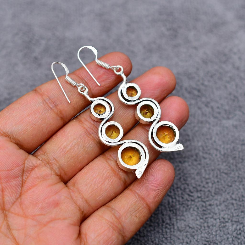 Citrine Gemstone : 925 Sterling Silver Handmade Long Earring's Jewelry