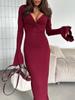 2025 Fall European & American V-neck Twist Low-cut Long-sleeve Ruffle Dress