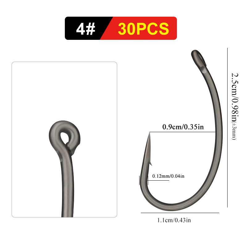 FTK 30 Stück Widerhaken Karpfen Grob Geöster Angelhaken, Erhältlich in Teflonbeschichtet Gebogenem Schenkelhaken und Weitmaulhaken Größe 2, 4, 6, 8