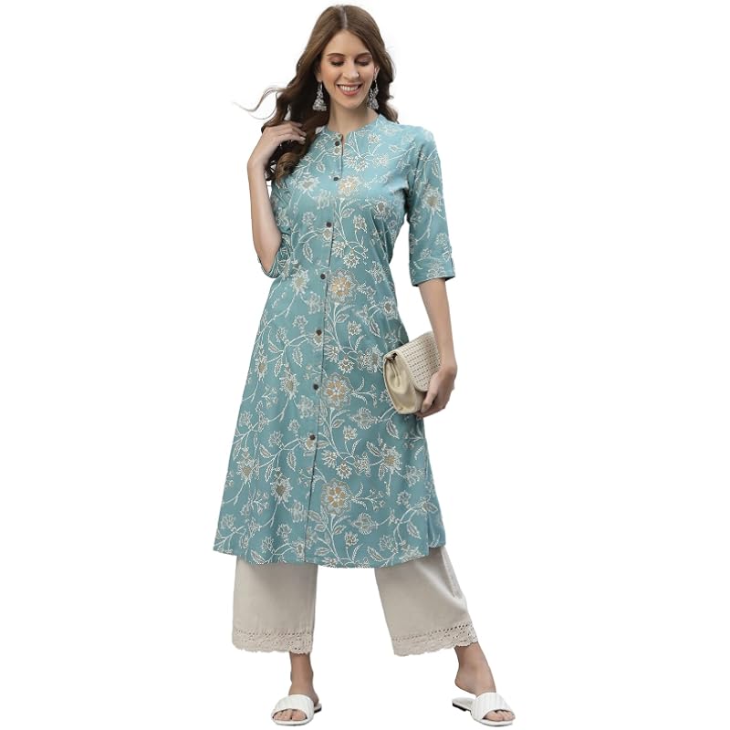 Stylum Women's Floral Print Rayon A-Line Kurta (FIONAAQUA42_Aqua, XL)