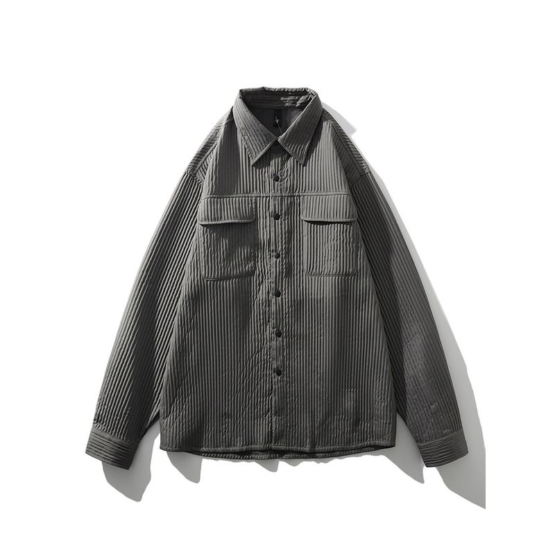 American vintage Pleat Vertical Stripes Lightweight Cargo Shirts Men's Spring/Summer Lapel Outerwear Foreign Trade Men's Casual Shirt