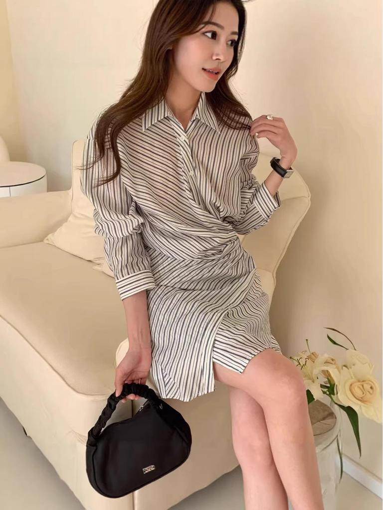 Chic Color-Block Striped Short Dress with Irregular Strap and Waist-Cinching Design