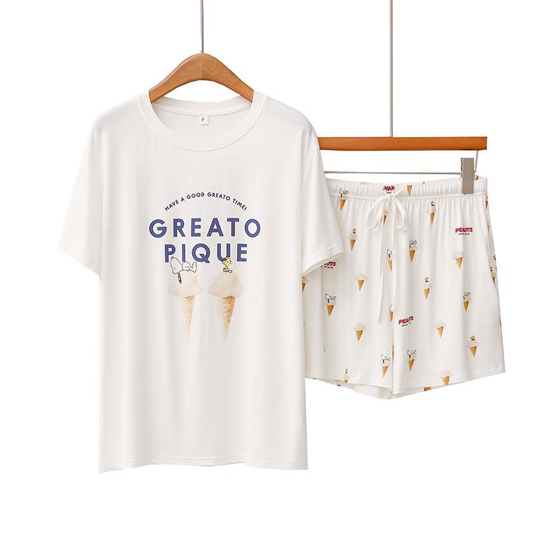 

Пижама с рисунком мороженого в японском стиле для женщин - летний комплект с короткими рукавами и шортами F (weight 45-72.5 kg) белый