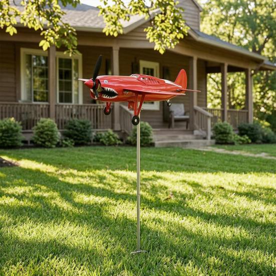 Red Airplane Wind Spinner 3D Kinetic Metal Wind Sculpture 360 Rotating Windmill Stake Yard Art for Front Porch Backyard Lawn Flower Bed Garden Decor