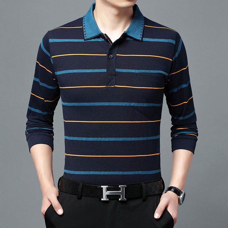 Moda Hombre Nuevo Negocios Camisas Polo Rayadas Coreano Primavera Otoño Casual Manga Larga Solapa Bolsillos Ropa Masculina Algodón Tops 2025