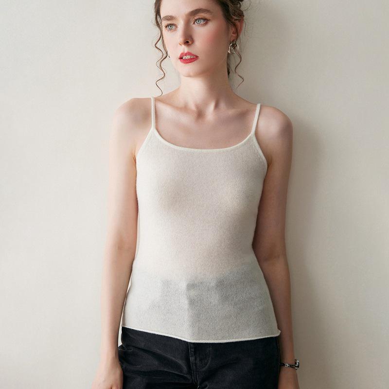 Kašmírově šedé tílko na špagetová ramínka pro ženy - Slim střih, hřejivá vlněná vesta na jaro, podzim, zimu