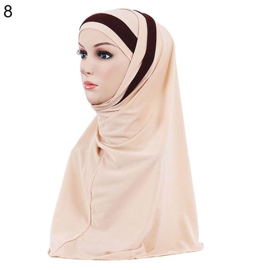 Women Color Block Muslim Soft Hijab Wrap Polyester Islamic Scarf Cap Headwear