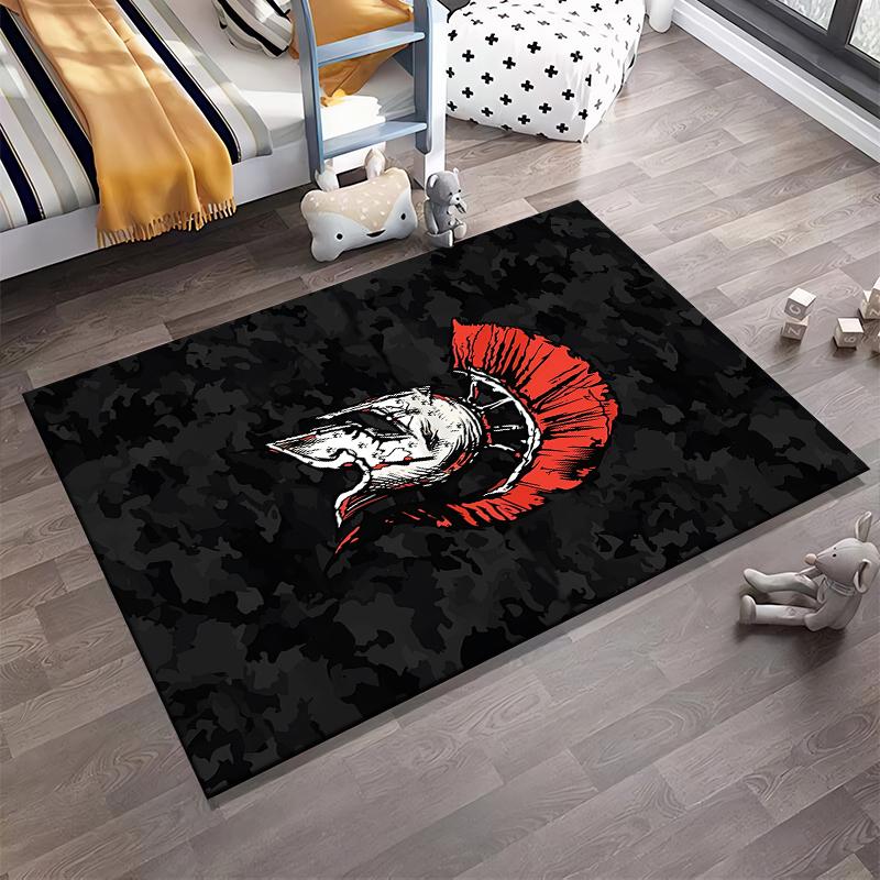 Spartan Helmet Design Carpet with Red Crest on Black Camouflage Background Suitable for use as an anti-slip for living room bedroom sofas