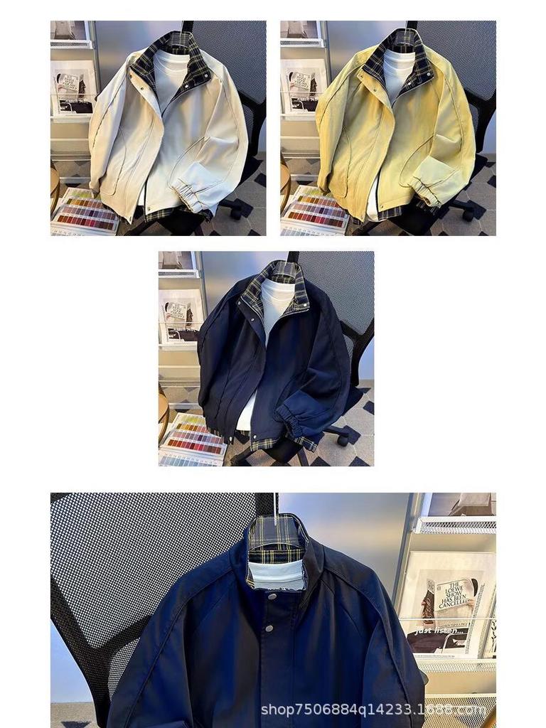 Men's 2025 Spring/Autumn Plaid Two-Piece Color Block Stand Collar Jacket - College Style Versatile Outerwear