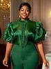 Plus Size Dark Green Satin Ruffle Stand Collar Puff Sleeve See-Through Top