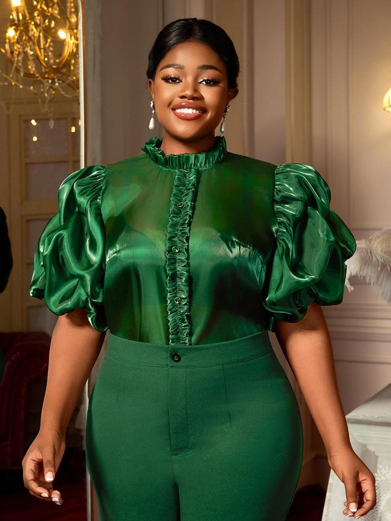 Plus Size Dark Green Satin Ruffle Stand Collar Puff Sleeve See-Through Top