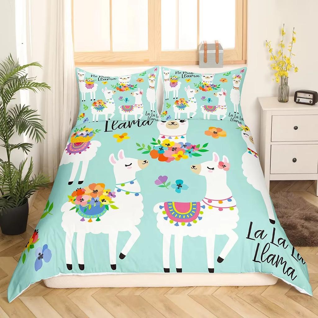 Alpaca Duvet Cover Set Boys Girls Cute Cartoon Animal Comforter Covers Kids And Teenagers Room Green Bedding 2/3 Pcs With Zipper
